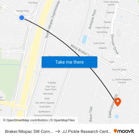 Braker/Mopac SW Corner to JJ Pickle Research Center map