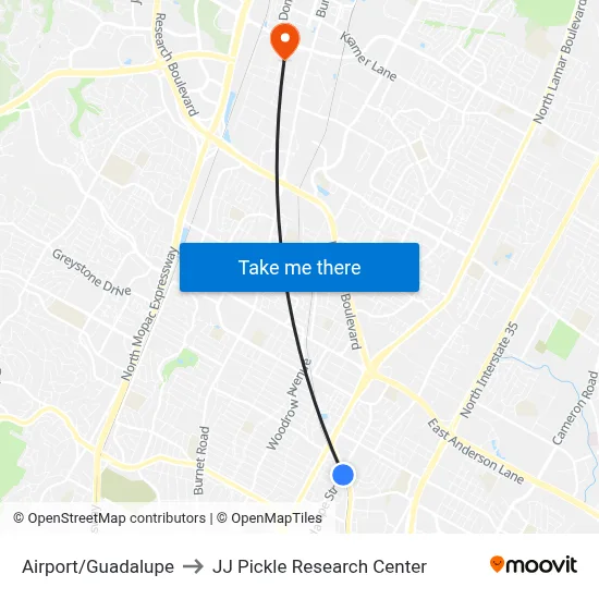 Airport/Guadalupe to JJ Pickle Research Center map