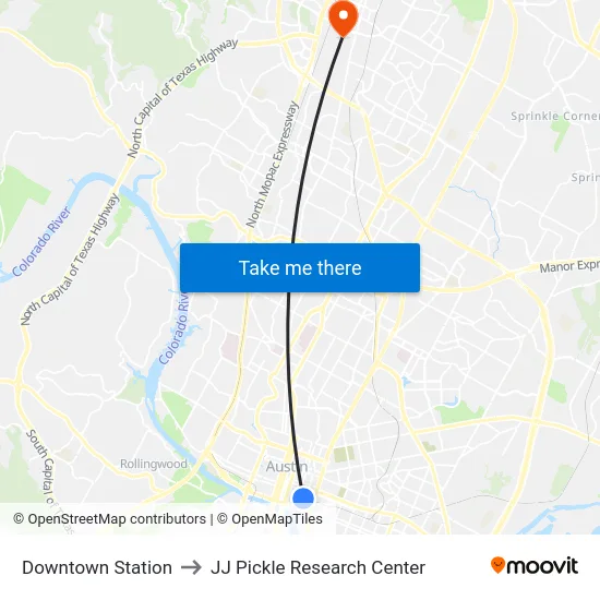 Downtown Station to JJ Pickle Research Center map