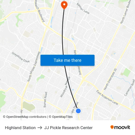 Highland Station to JJ Pickle Research Center map
