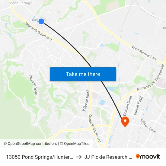 13050 Pond Springs/Hunters Chase to JJ Pickle Research Center map