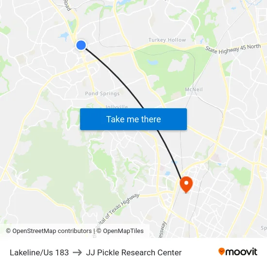 Lakeline/Us 183 to JJ Pickle Research Center map