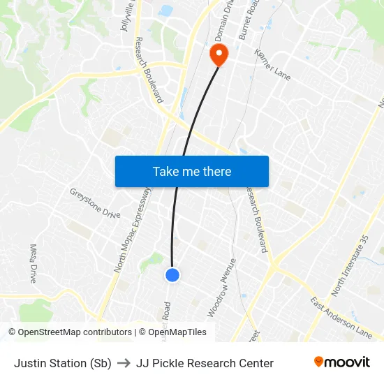 Justin Station (Sb) to JJ Pickle Research Center map