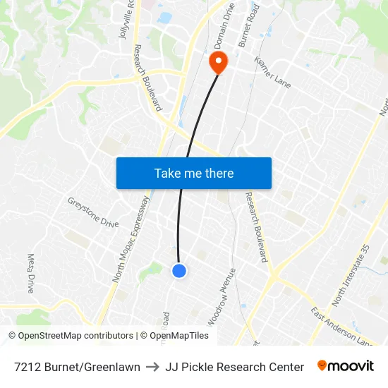 7212 Burnet/Greenlawn to JJ Pickle Research Center map