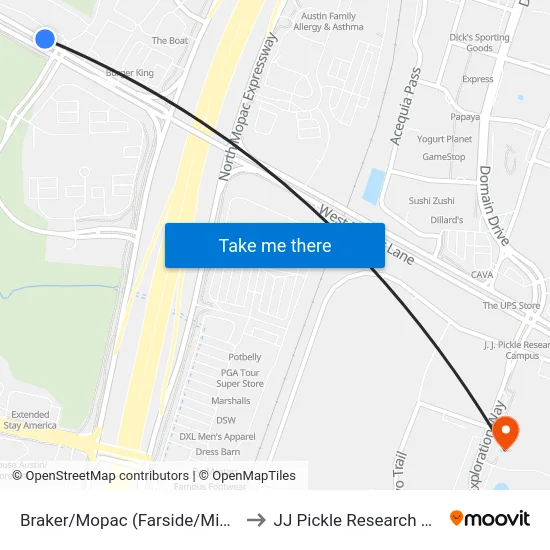 Braker/Mopac (Farside/Midblock) to JJ Pickle Research Center map