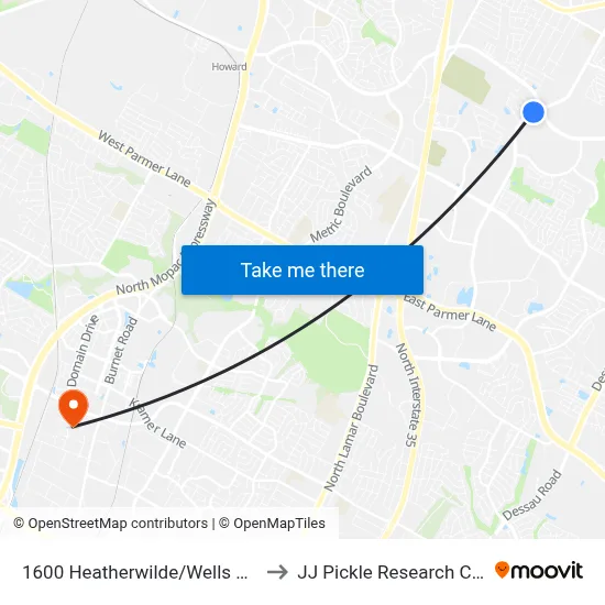 1600 Heatherwilde/Wells Branch to JJ Pickle Research Center map