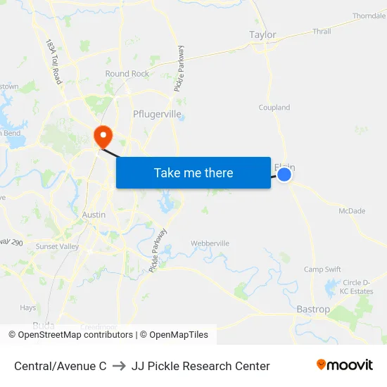 Central/Avenue C to JJ Pickle Research Center map
