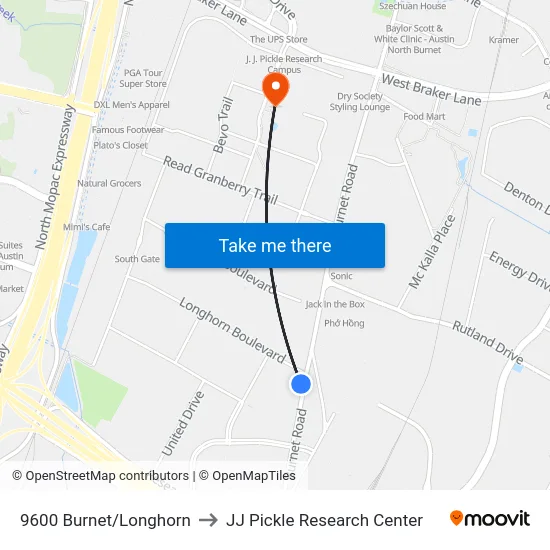 9600 Burnet/Longhorn to JJ Pickle Research Center map