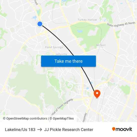 Lakeline/Us 183 to JJ Pickle Research Center map