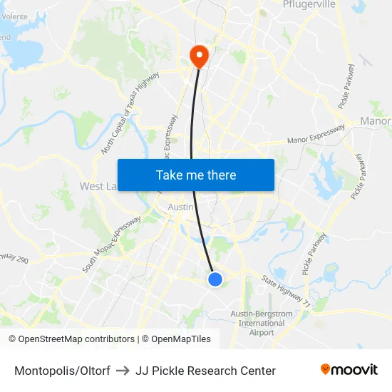 Montopolis/Oltorf to JJ Pickle Research Center map