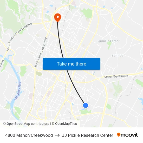 4800 Manor/Creekwood to JJ Pickle Research Center map
