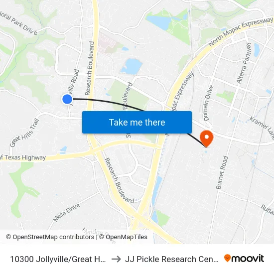 10300 Jollyville/Great Hills to JJ Pickle Research Center map