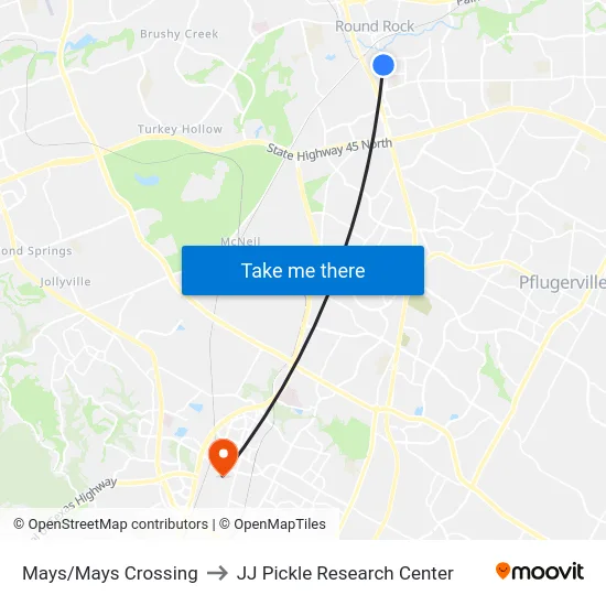 Mays/Mays Crossing to JJ Pickle Research Center map