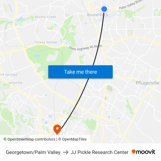 Georgetown/Palm Valley to JJ Pickle Research Center map