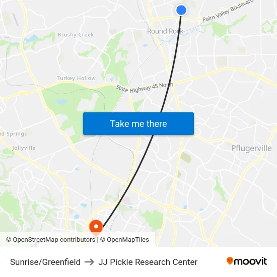 Sunrise/Greenfield to JJ Pickle Research Center map