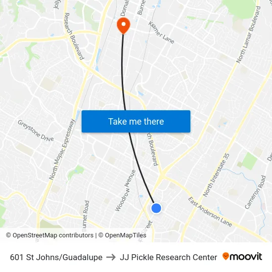 601 St Johns/Guadalupe to JJ Pickle Research Center map