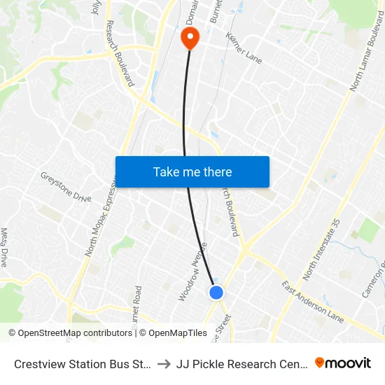 Crestview Station Bus Stop to JJ Pickle Research Center map