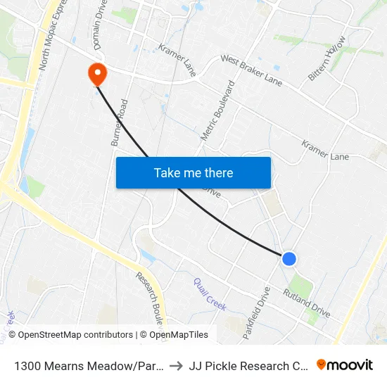 1300 Mearns Meadow/Parkfield to JJ Pickle Research Center map