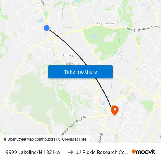 9999 Lakeline/N 183 Hwy Sb to JJ Pickle Research Center map