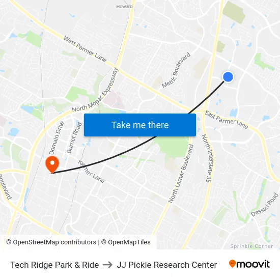 Tech Ridge Park & Ride to JJ Pickle Research Center map