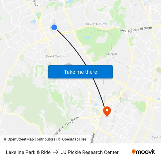 Lakeline Park & Ride to JJ Pickle Research Center map