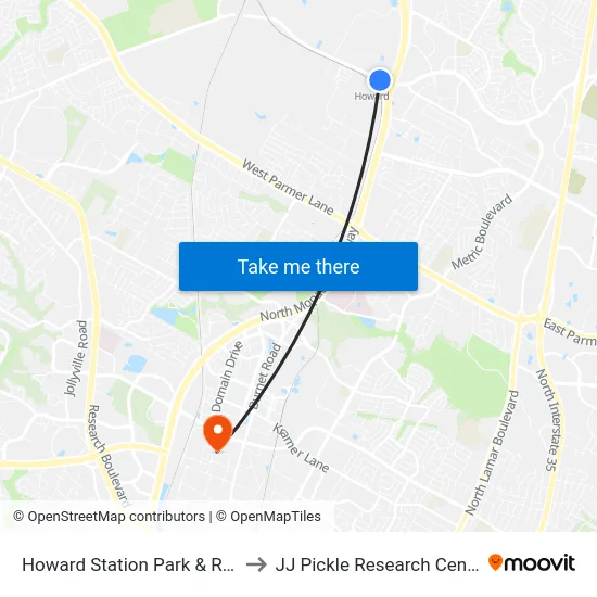 Howard Station Park & Ride to JJ Pickle Research Center map
