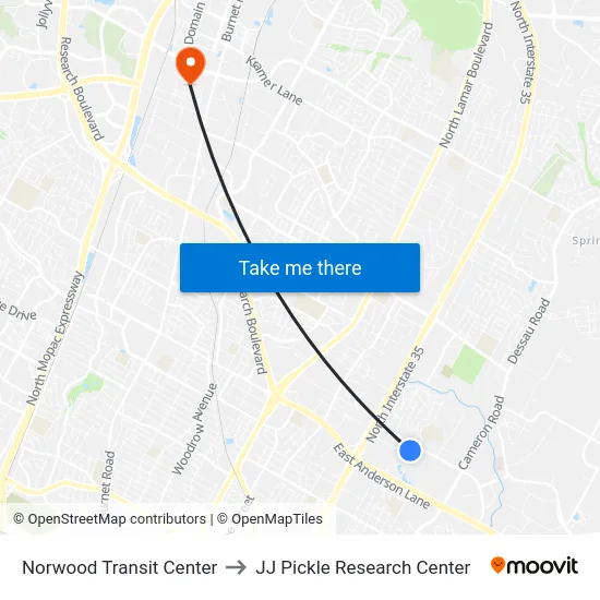 Norwood Transit Center to JJ Pickle Research Center map