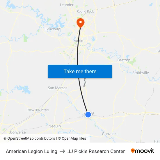 American Legion Luling to JJ Pickle Research Center map