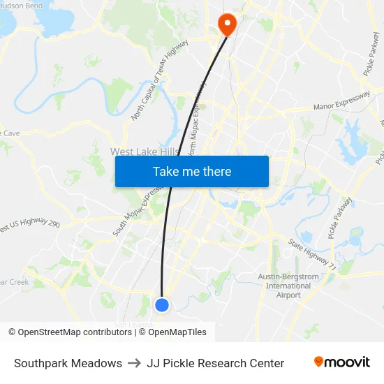 Southpark Meadows to JJ Pickle Research Center map