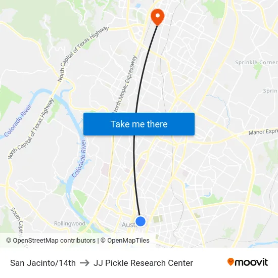 San Jacinto/14th to JJ Pickle Research Center map