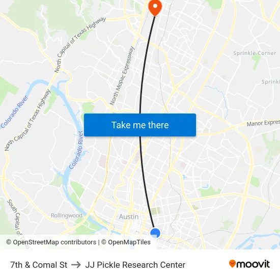 7th & Comal St to JJ Pickle Research Center map