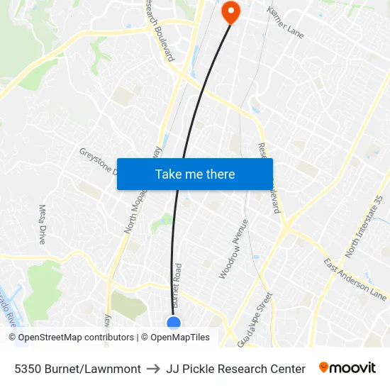 5350 Burnet/Lawnmont to JJ Pickle Research Center map