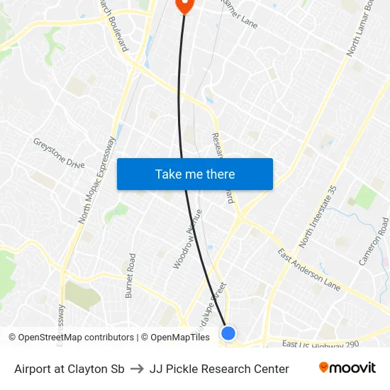 Airport at Clayton Sb to JJ Pickle Research Center map