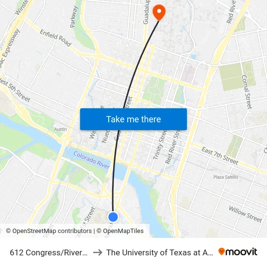 612 Congress/Riverside to The University of Texas at Austin map