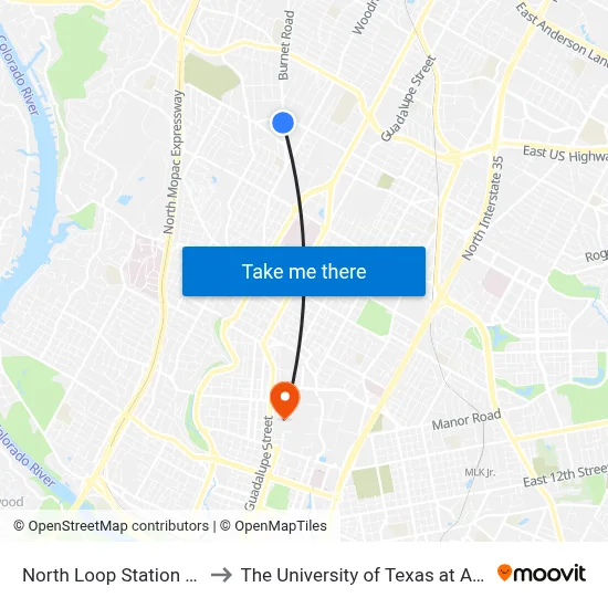 North Loop Station (Sb) to The University of Texas at Austin map