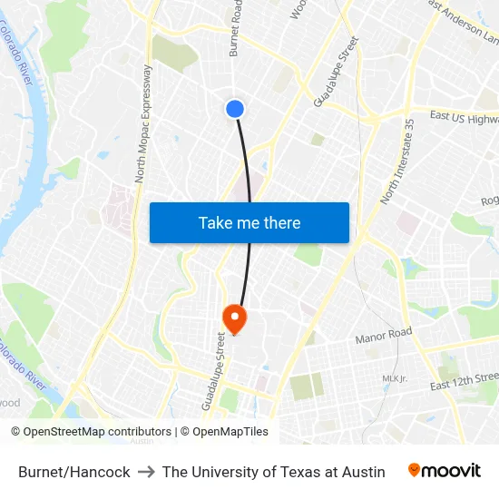 Burnet/Hancock to The University of Texas at Austin map