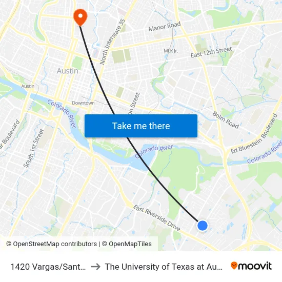 1420 Vargas/Santos to The University of Texas at Austin map