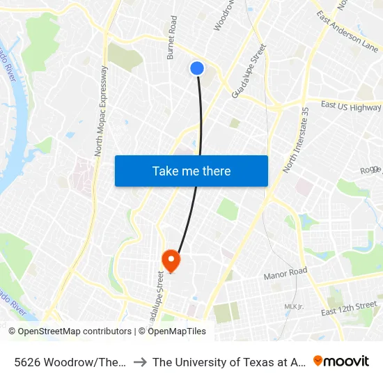 5626 Woodrow/Theckla to The University of Texas at Austin map