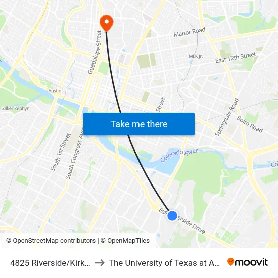 4825 Riverside/Kirksey to The University of Texas at Austin map
