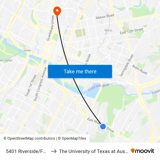 5401 Riverside/Faro to The University of Texas at Austin map