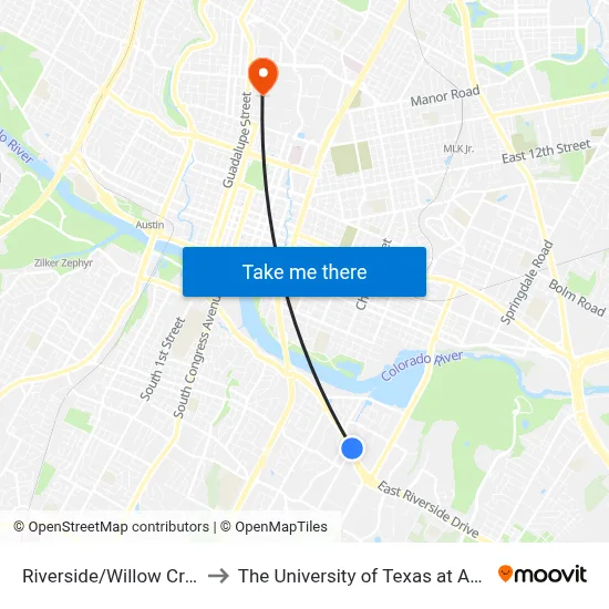 Riverside/Willow Creek to The University of Texas at Austin map