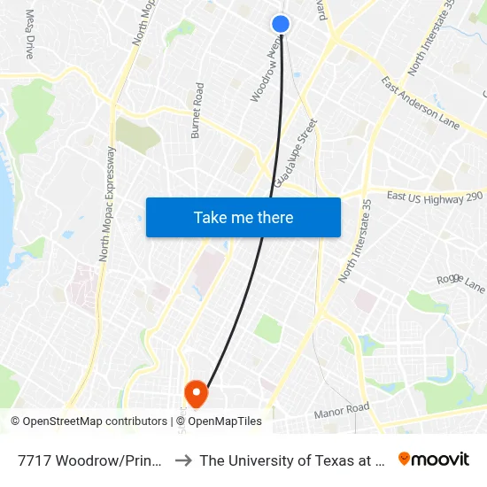 7717 Woodrow/Princeton to The University of Texas at Austin map
