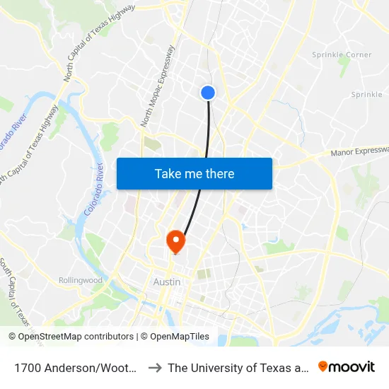 1700 Anderson/Wooten Park to The University of Texas at Austin map