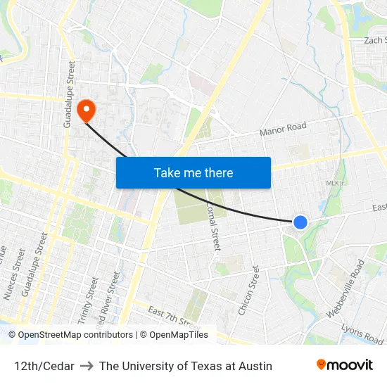 12th/Cedar to The University of Texas at Austin map