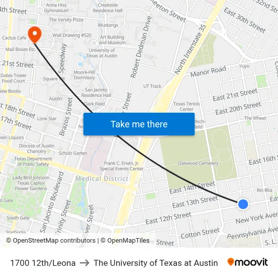 1700 12th/Leona to The University of Texas at Austin map