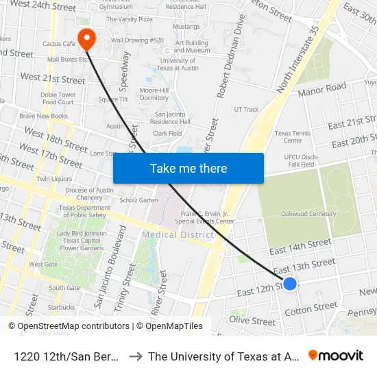 1220 12th/San Bernard to The University of Texas at Austin map