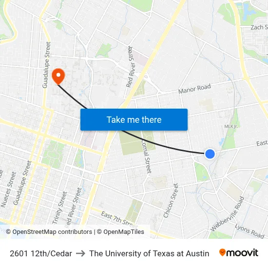 2601 12th/Cedar to The University of Texas at Austin map