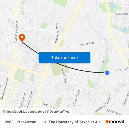 2863 12th/Alexander to The University of Texas at Austin map
