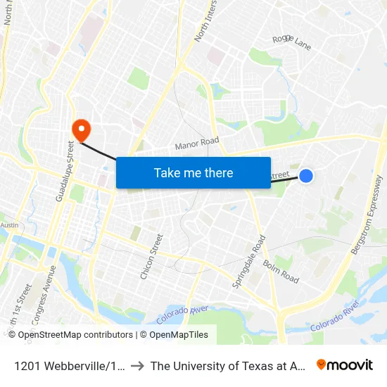 1201 Webberville/12th to The University of Texas at Austin map