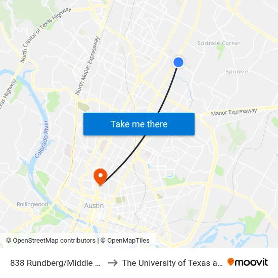 838 Rundberg/Middle Fiskville to The University of Texas at Austin map